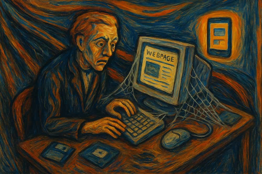 Man in Munch style depressed by slow old website
