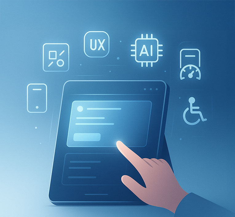 Modern digital interfface with glowing UI elements floating in air