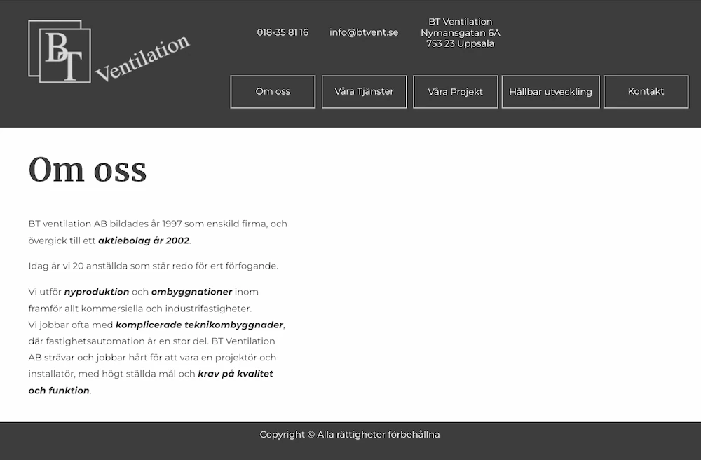 Gammal skärmbild på btvent.se