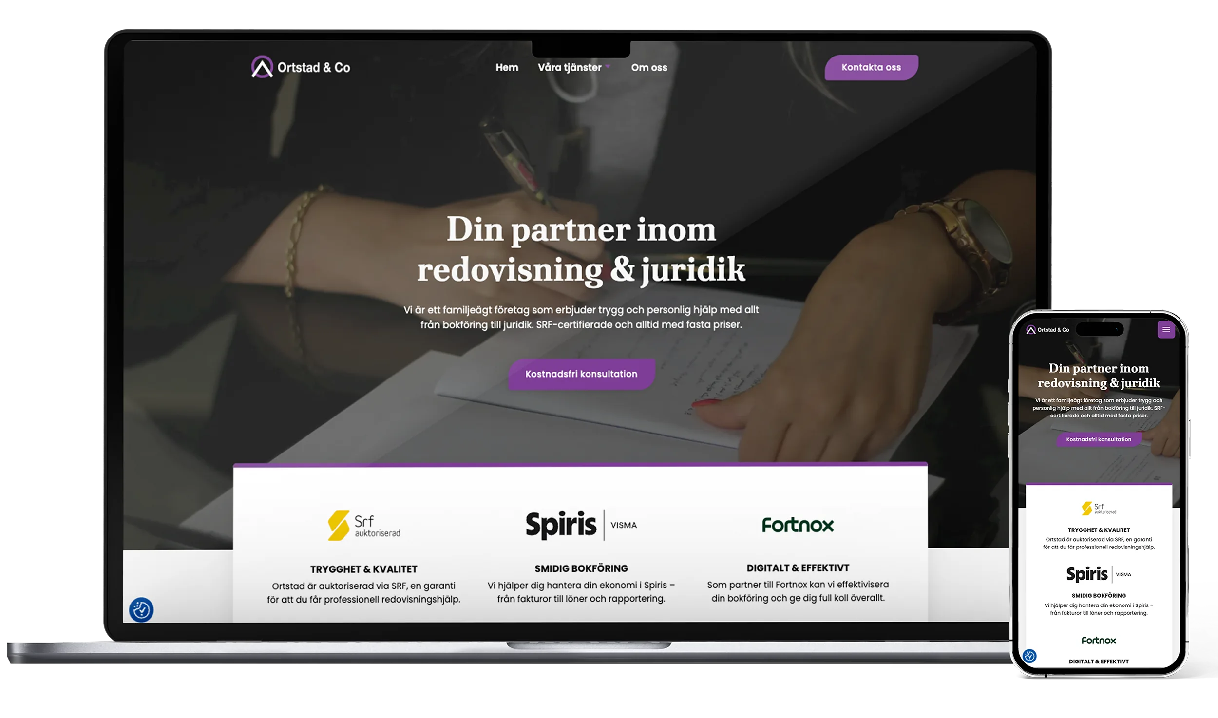 Mockup som visar ortstad.se i laptop- och mobilformat