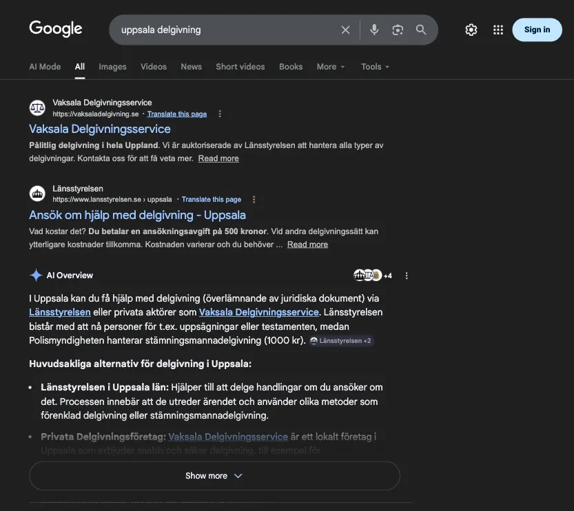 Skärmbild från Google sökning av uppsala delgivning